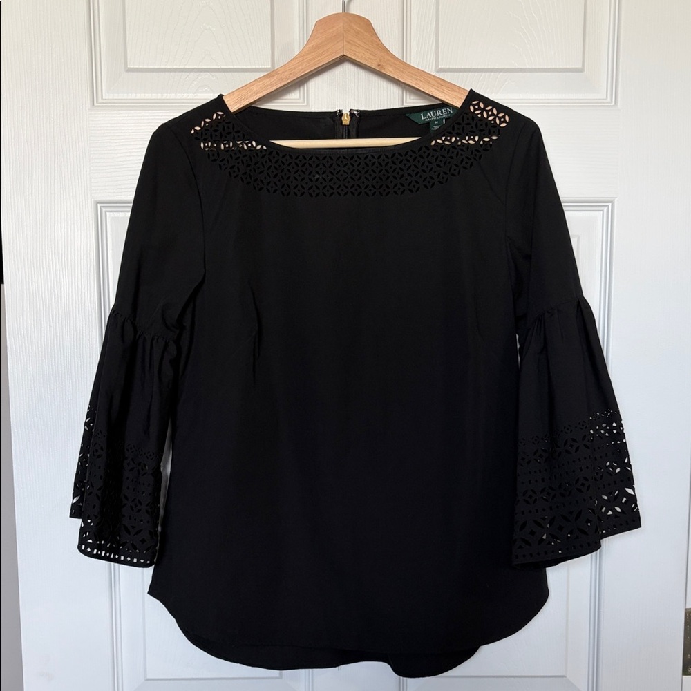 Lauren Ralph Lauren Black Laser-Cut Bell Sleeve Blouse